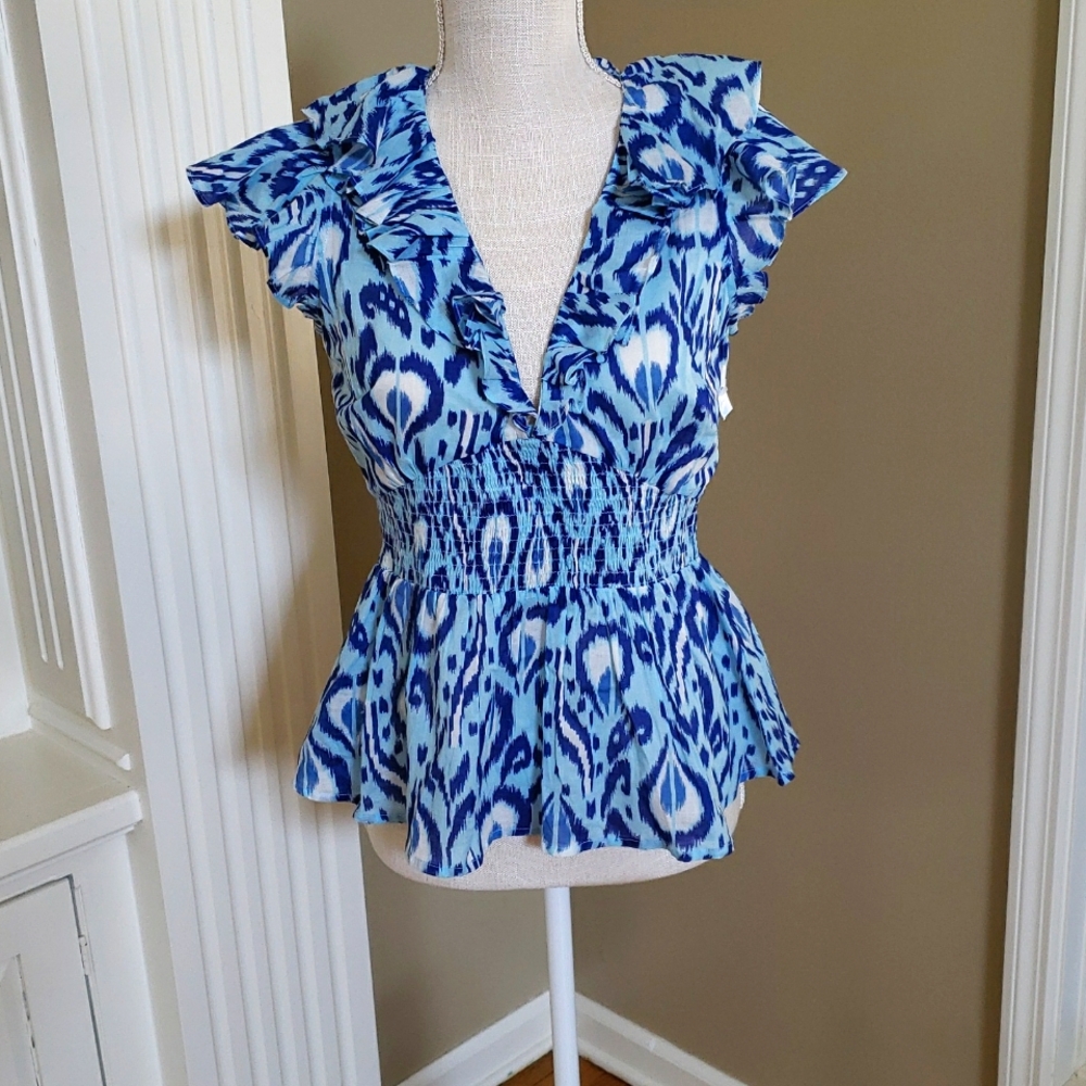 Banjanan $198 Susie Print Ruffle Sleeve Blouse in Ikat Bosphorus
